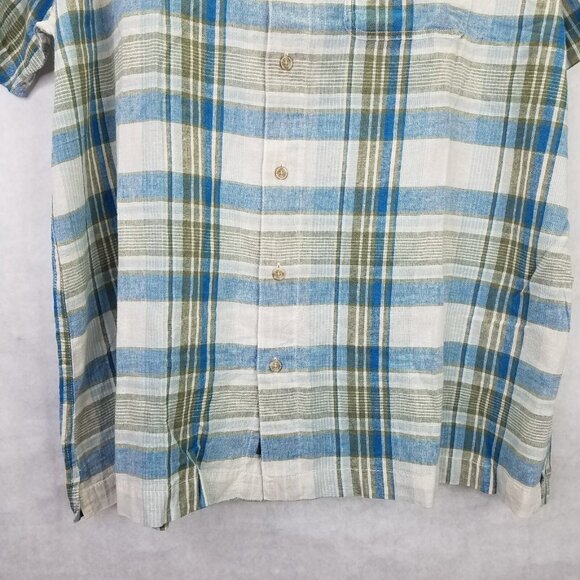 Eddie Bauer Camp Shirt Men's XXL Plaid Short Sleeve Button Up Blue Linen Cotton - Picture 6 of 16